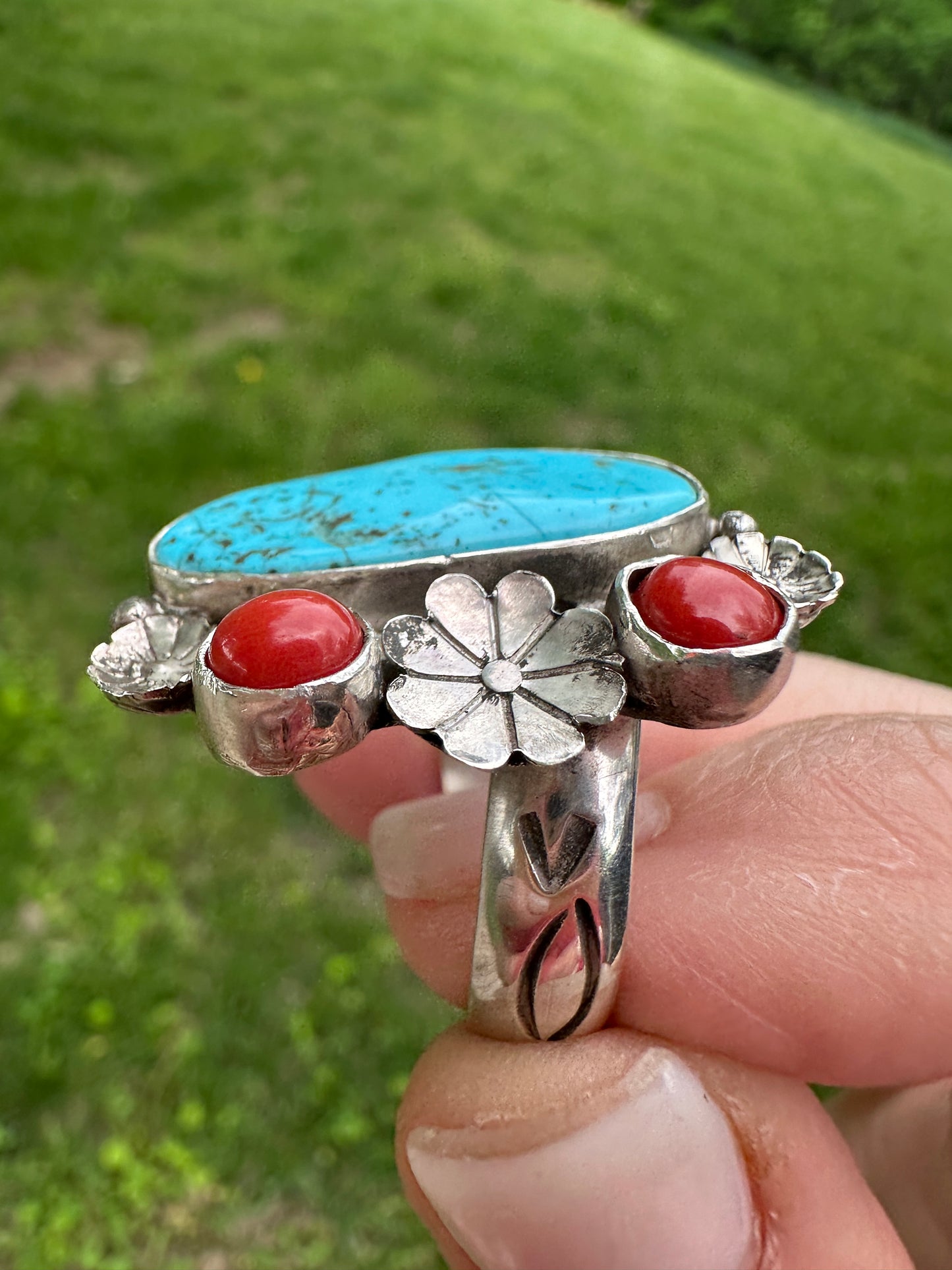 Kingman Turquoise and Red Coral Ring