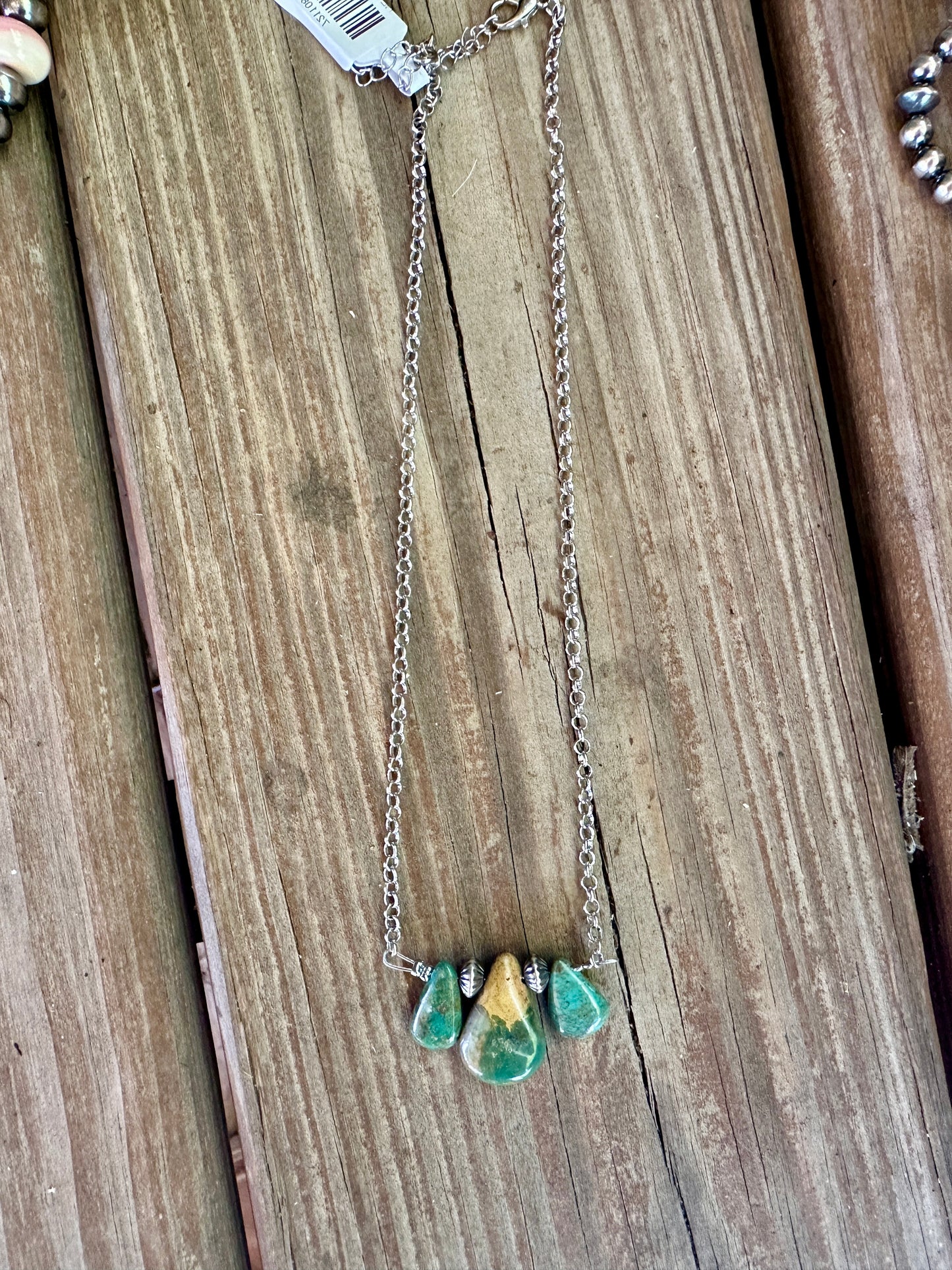 16-Inch Green Turquoise Necklace with Sterling Silver Pearls