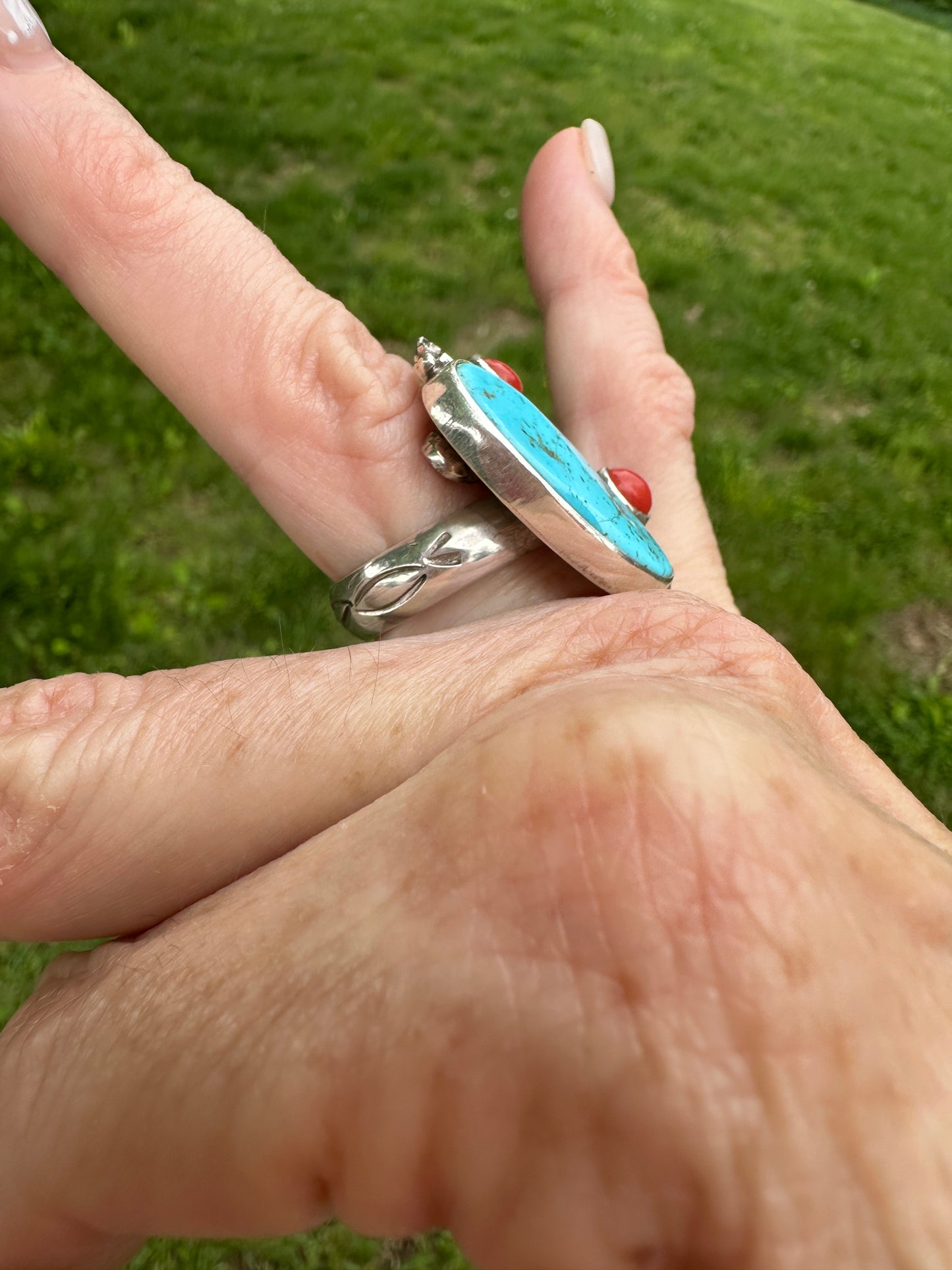 Kingman Turquoise and Red Coral Ring