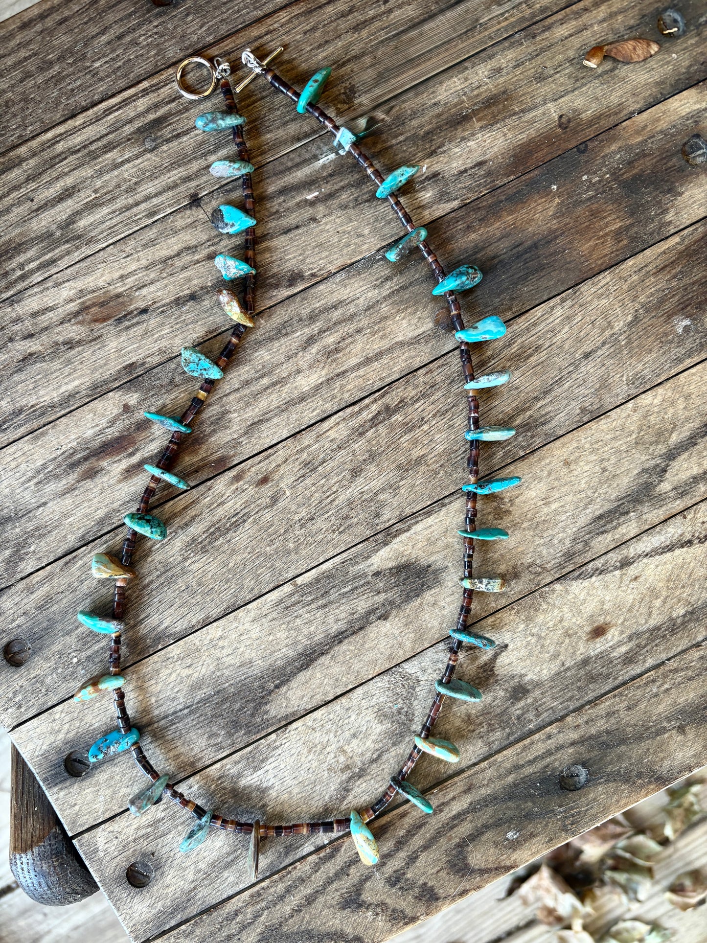24 inch long shell and turquoise necklace