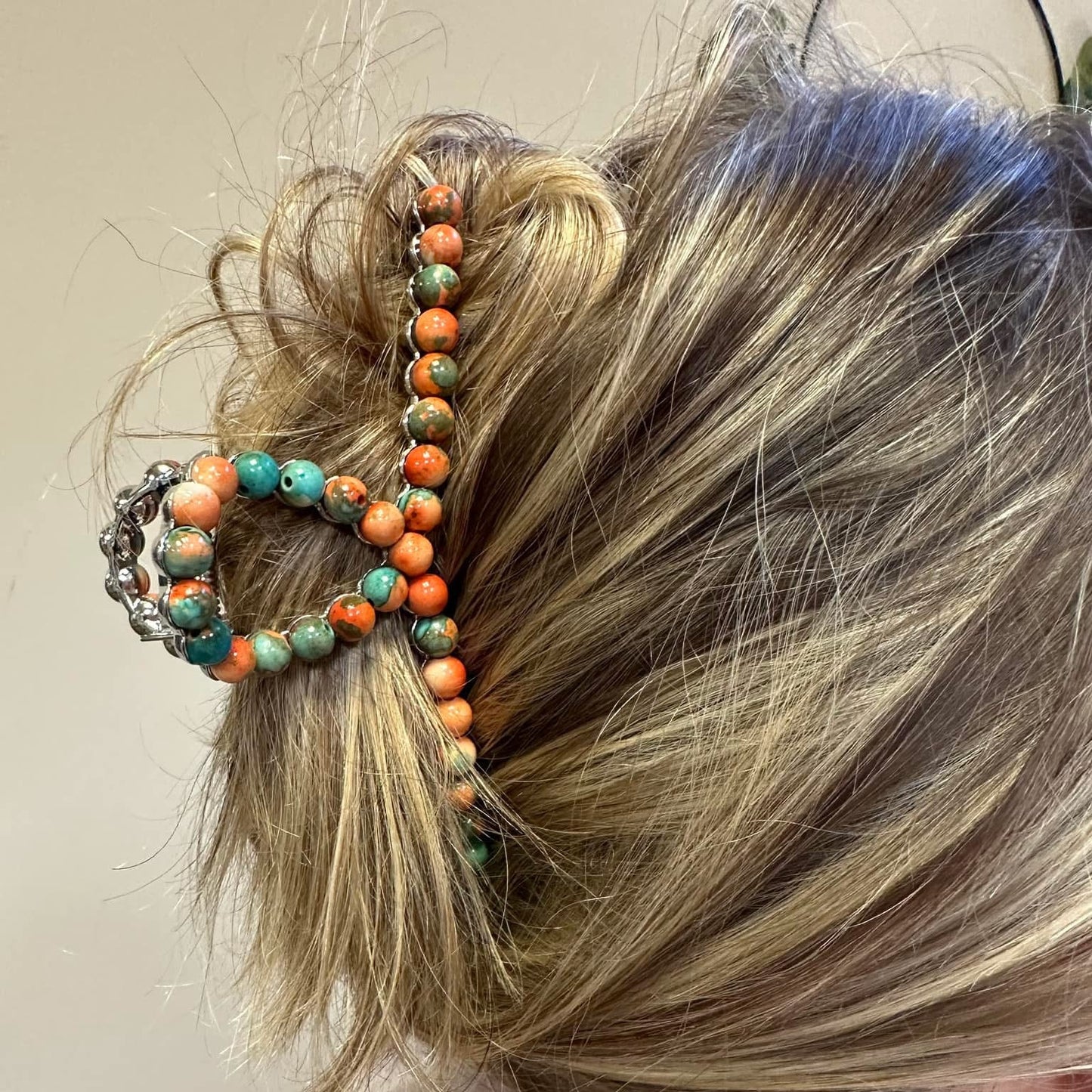 Orange and Turquoise magnesite beaded hair clip