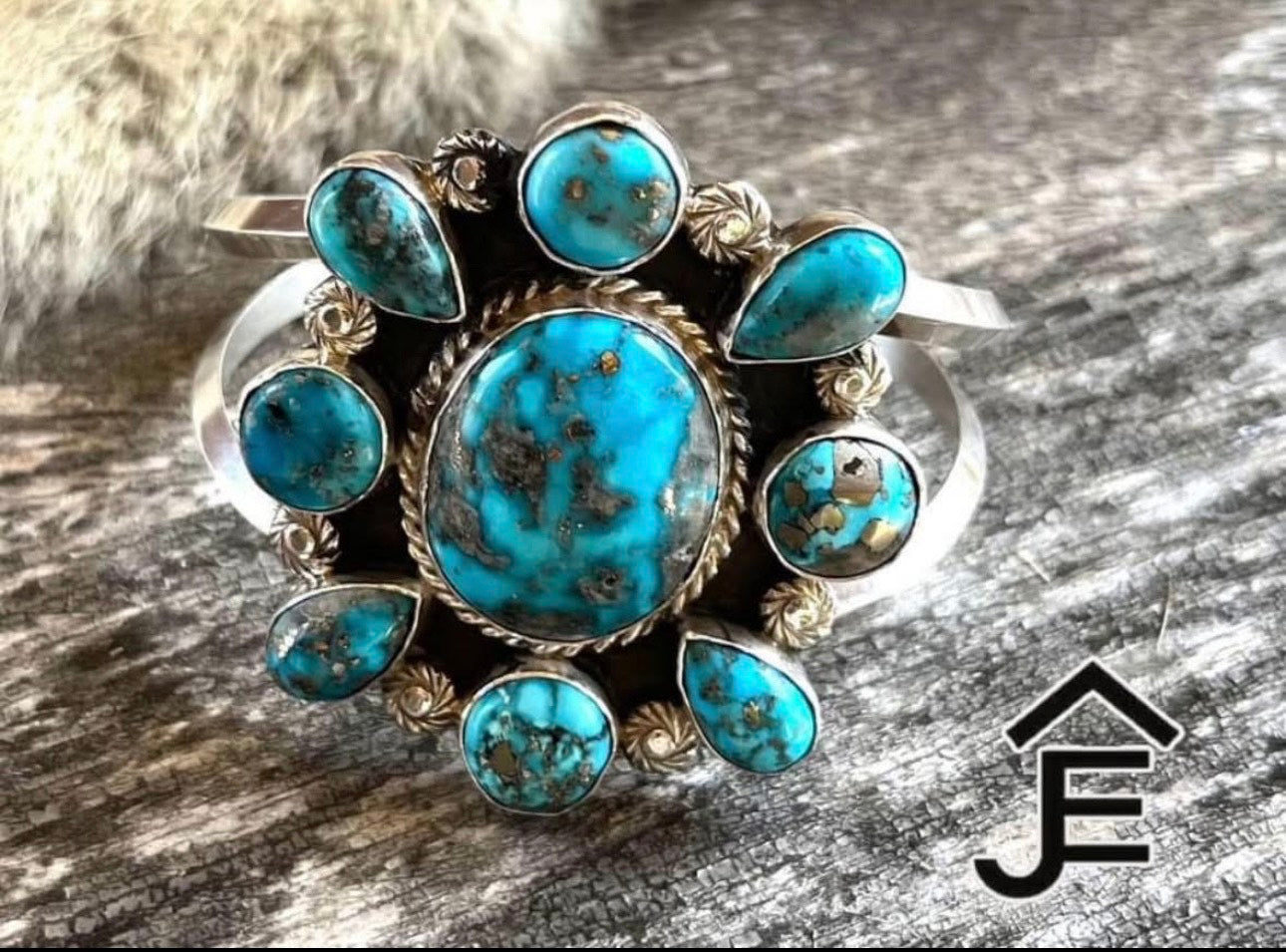 Navajo-made Persian turquoise cluster bracelet