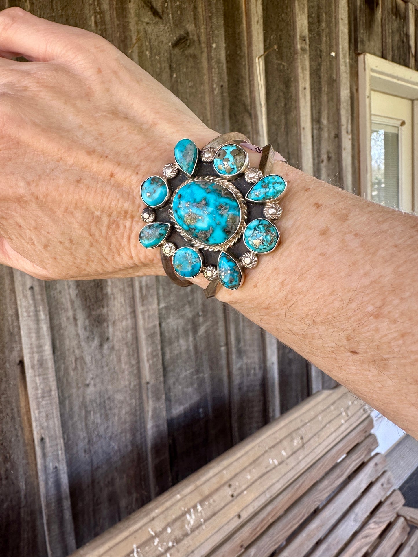 Navajo-made Persian turquoise cluster bracelet