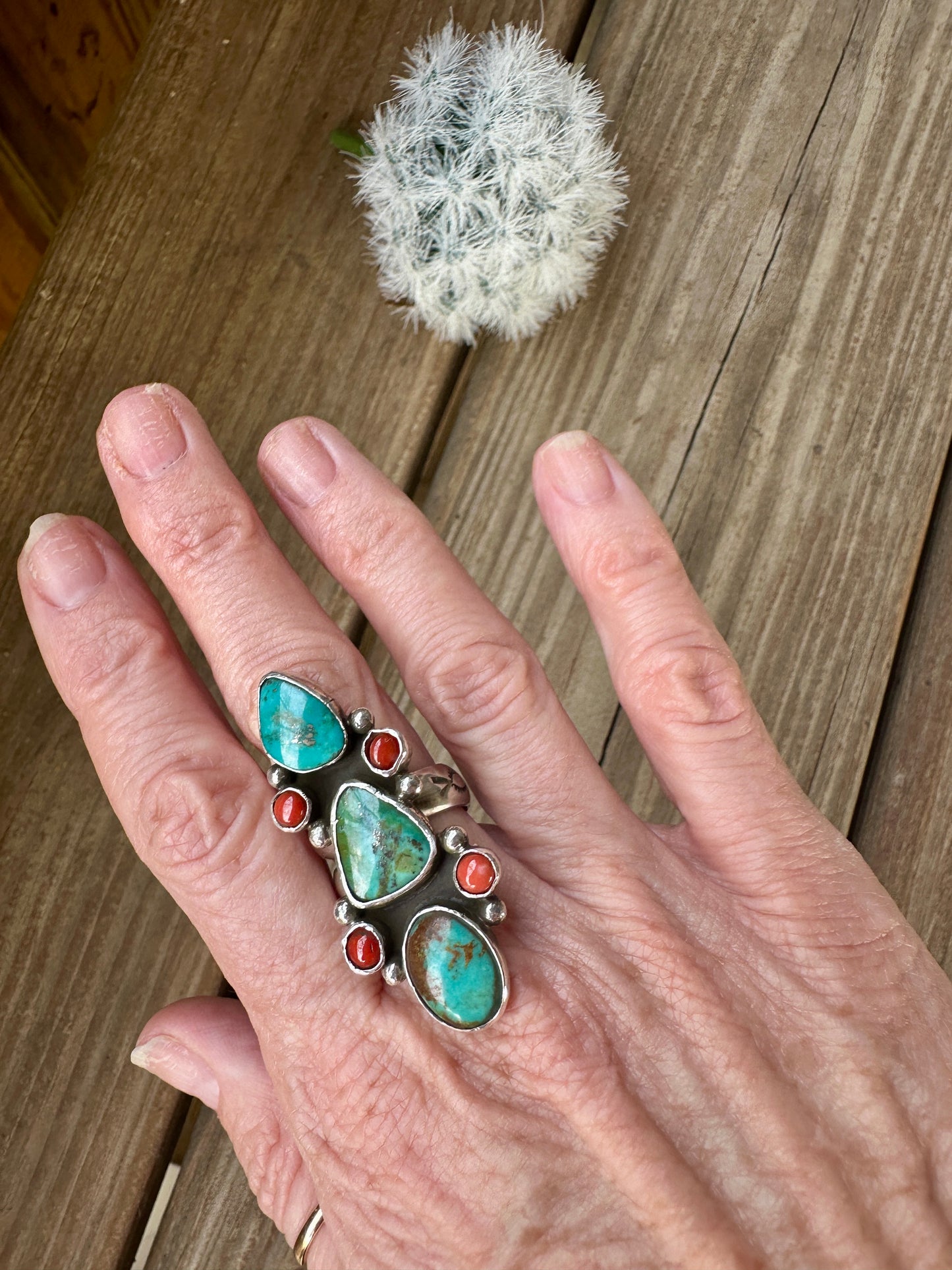 Royston and Red Coral 3 Stone Ring