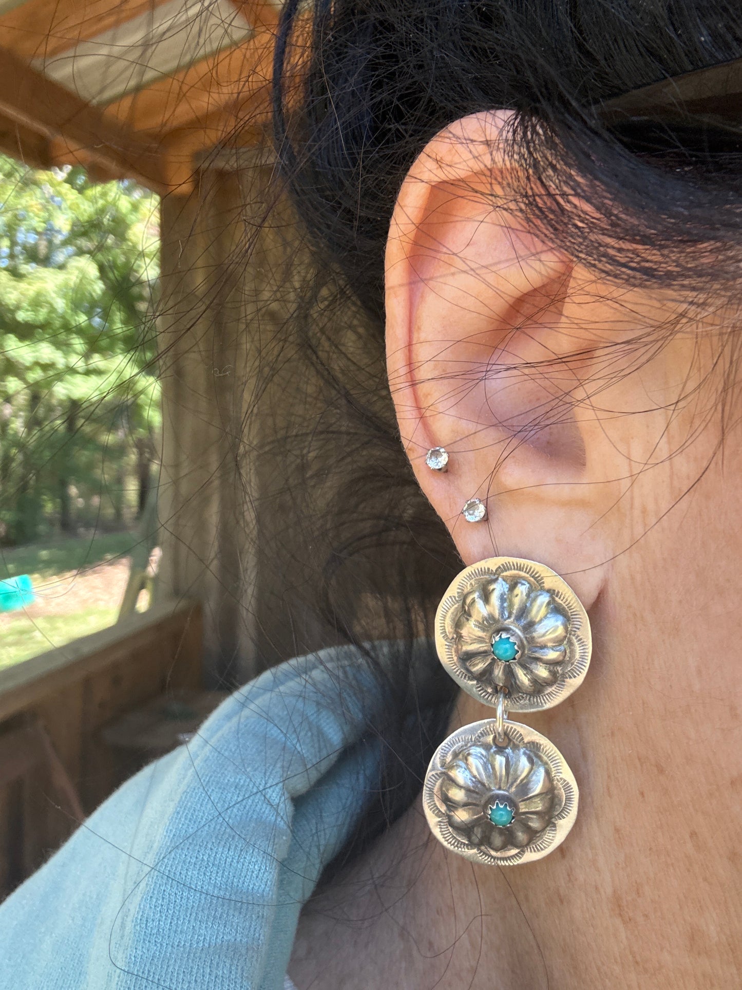 Navajo Concho Sterling Silver Turquoise Dangle Earrings