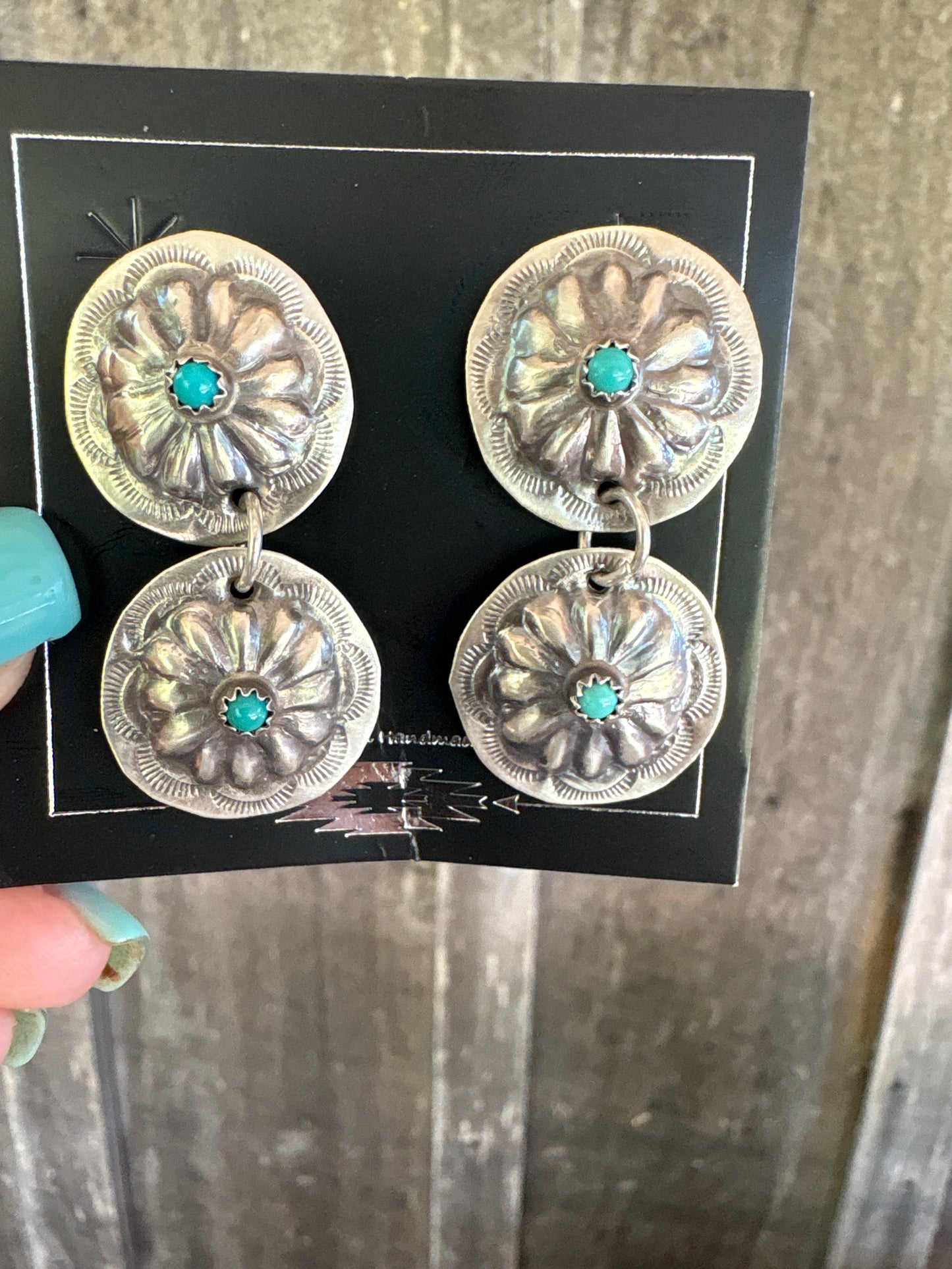 Navajo Concho Sterling Silver Turquoise Dangle Earrings