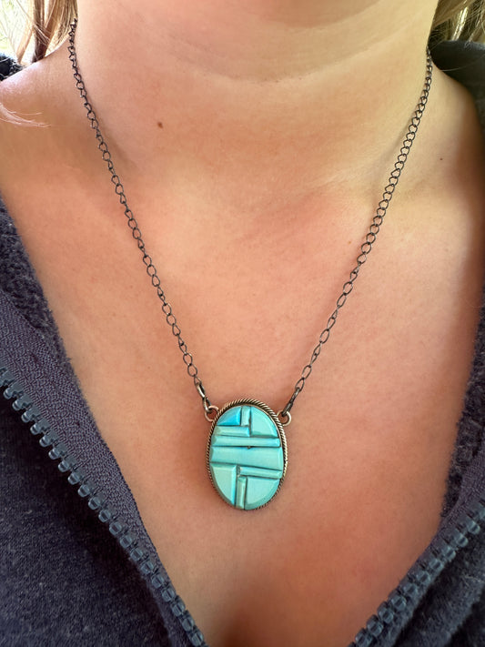 Sterling Silver Kingman Turquoise Navajo Oval Necklace