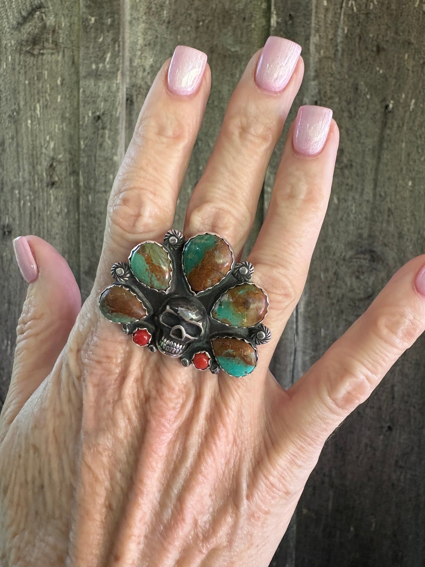 Royston and Coral Sugar Skull Ring adjustable
