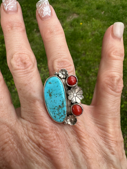 Kingman Turquoise and Red Coral Ring