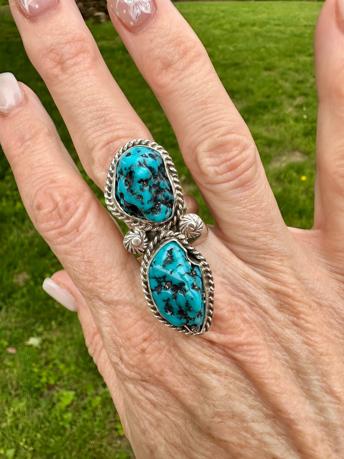 Kingman Turquoise Big Nugget Sterling Silver Ring