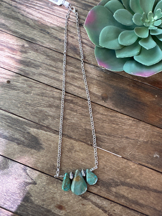 16-Inch Green Turquoise Necklace with Sterling Silver Pearls
