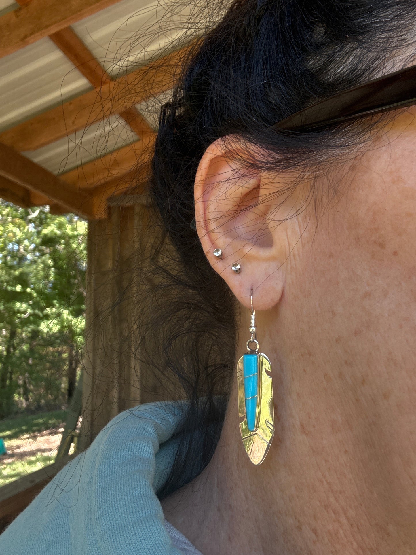 Feather Turquoise Inlay Earrings Navajo made