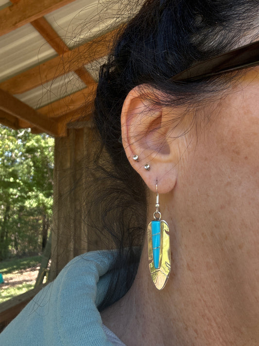 Feather Turquoise Inlay Earrings Navajo made