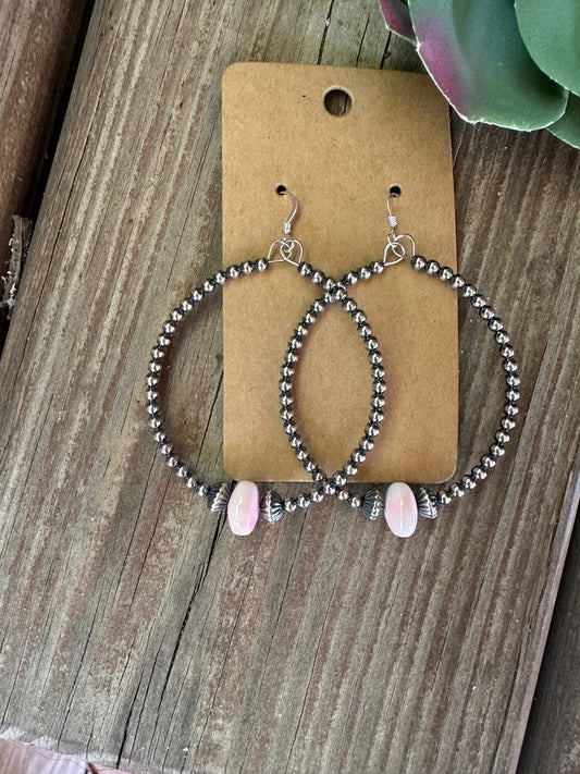 Sterling Silver Pearls Hoops with Pink Conch