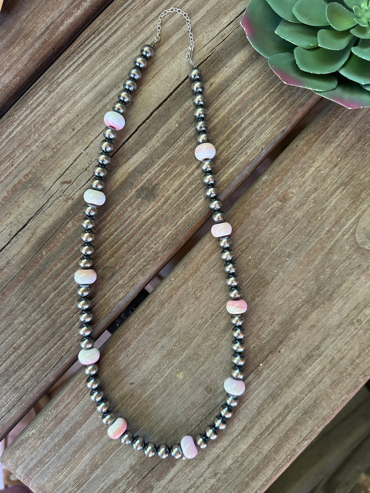 20 inch 8 mm Sterling Silver Pearls necklace and pink conch