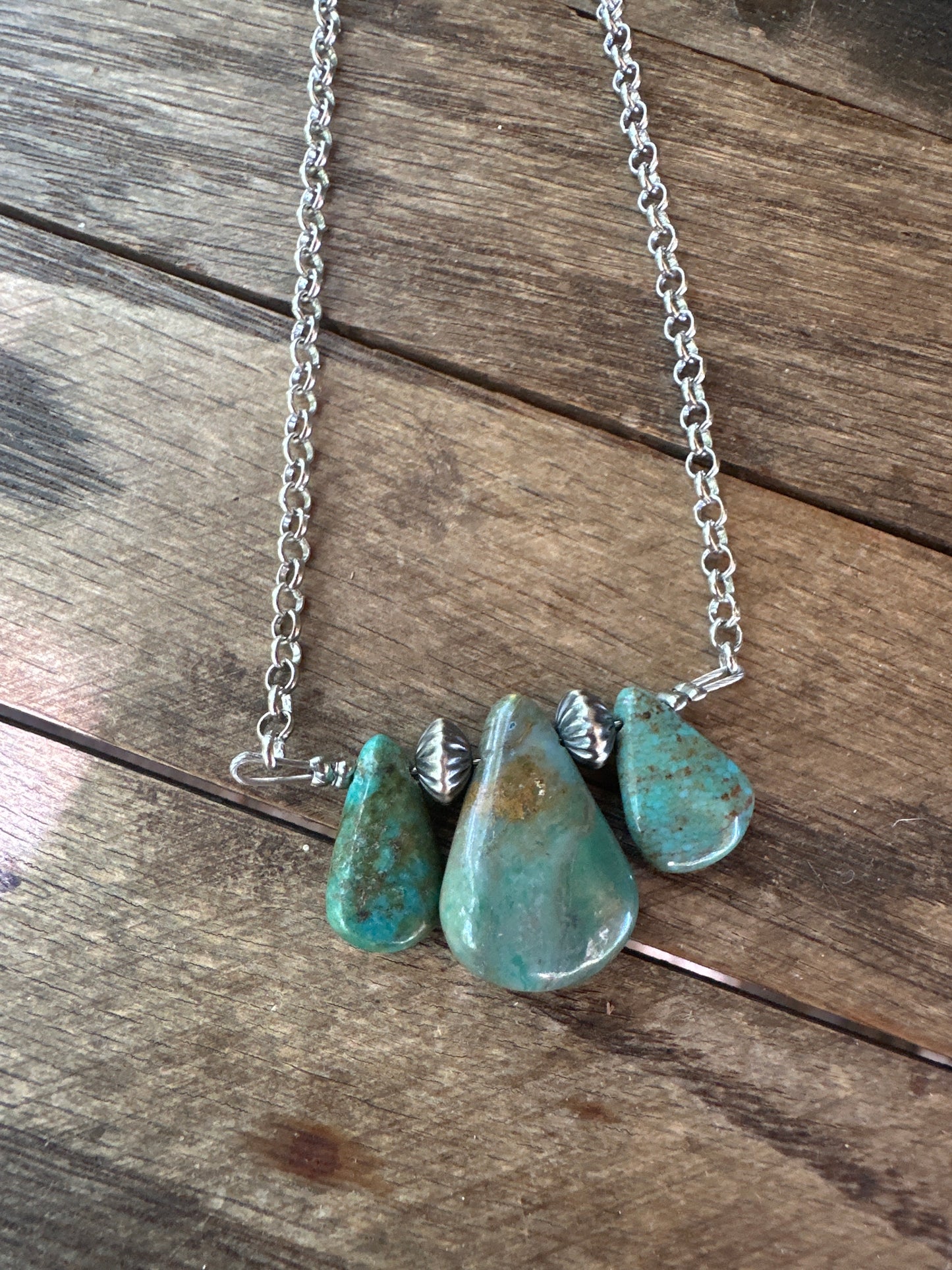 16-Inch Green Turquoise Necklace with Sterling Silver Pearls