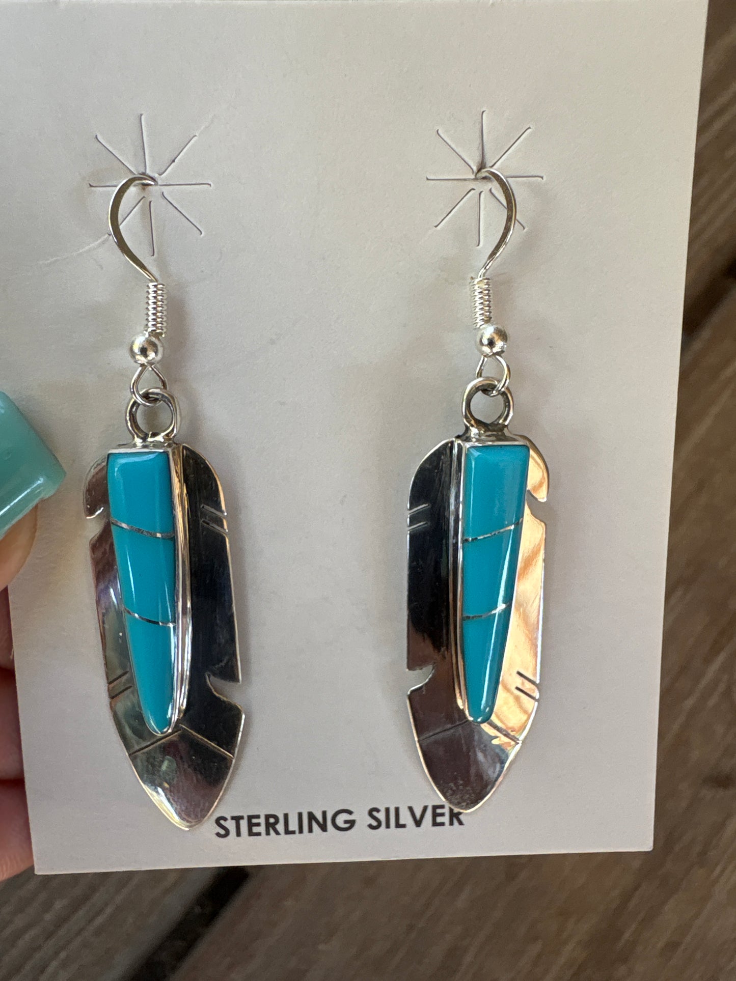 Feather Turquoise Inlay Earrings Navajo made