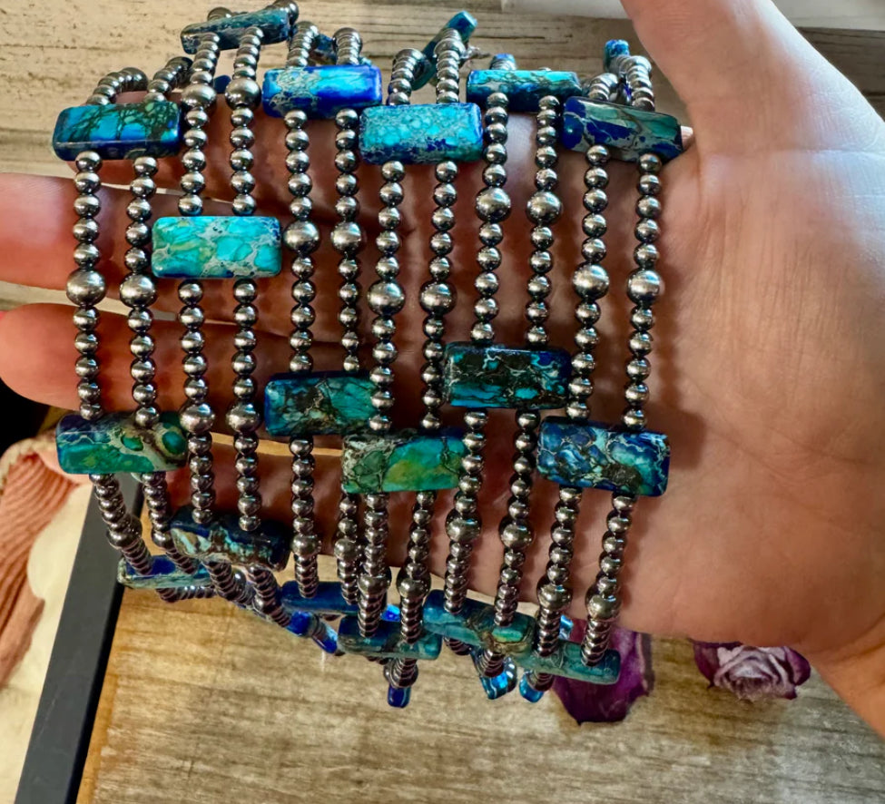 Turquoise-Double Strand Necklace – 13” Beaded – Sterling Silver Pearls & Rectangle Variscite Turquoise (Copy)
