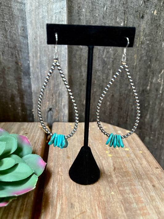 Long teardrop earrings Sterling silver pearls and teardrop turquoise