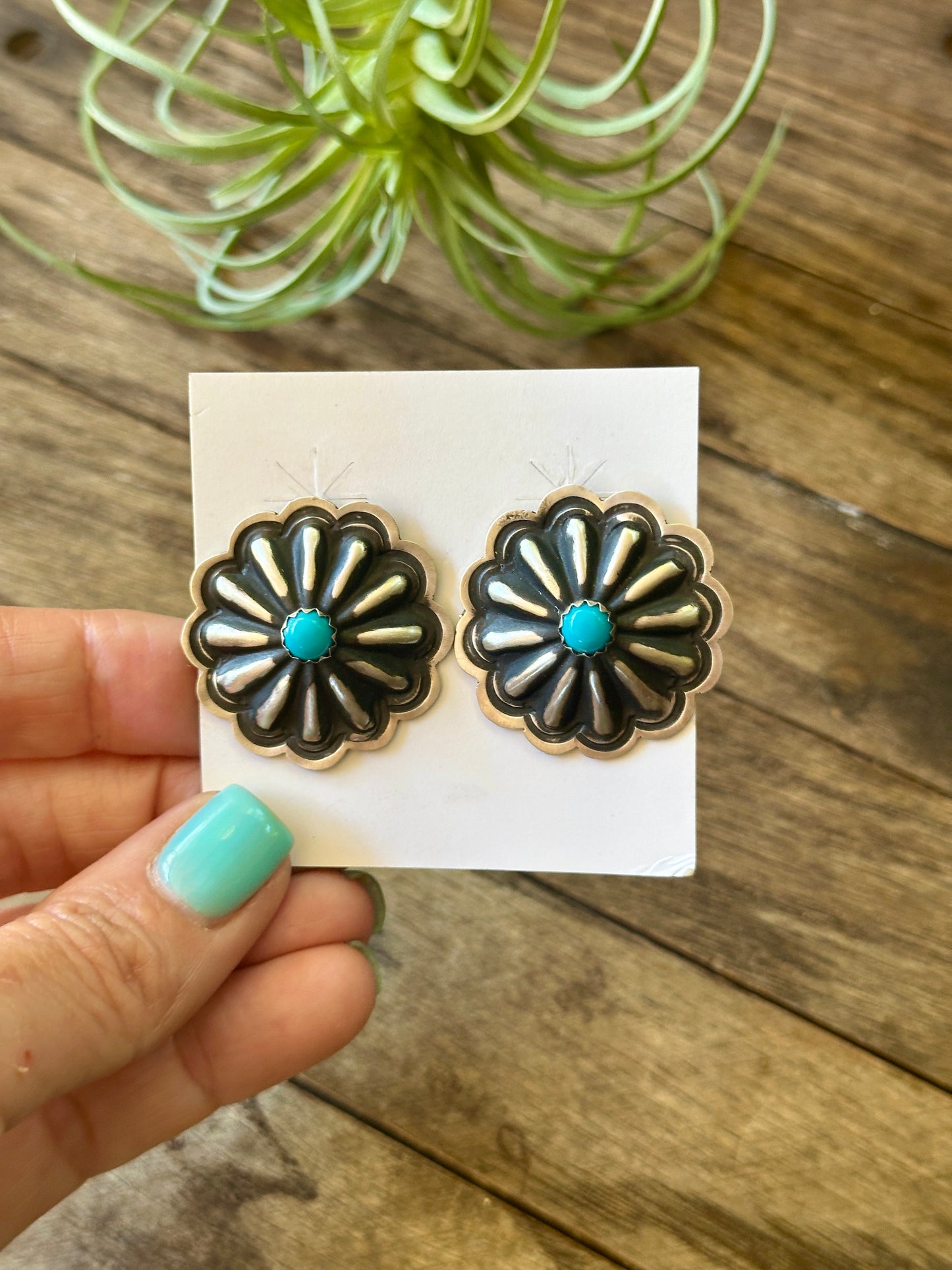 Large Concho stud earrings -Turquoise & Sterling Silver Earrings