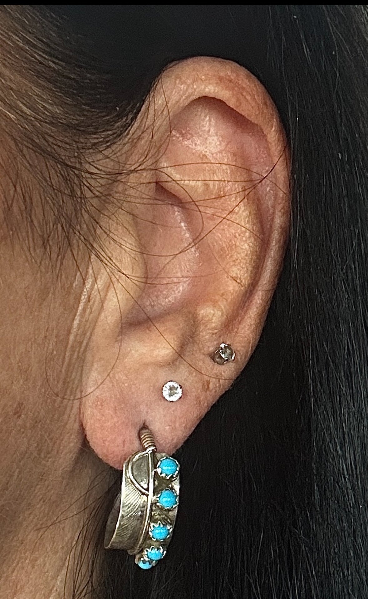 Small Turquoise Sterling feather hoop Navajo made