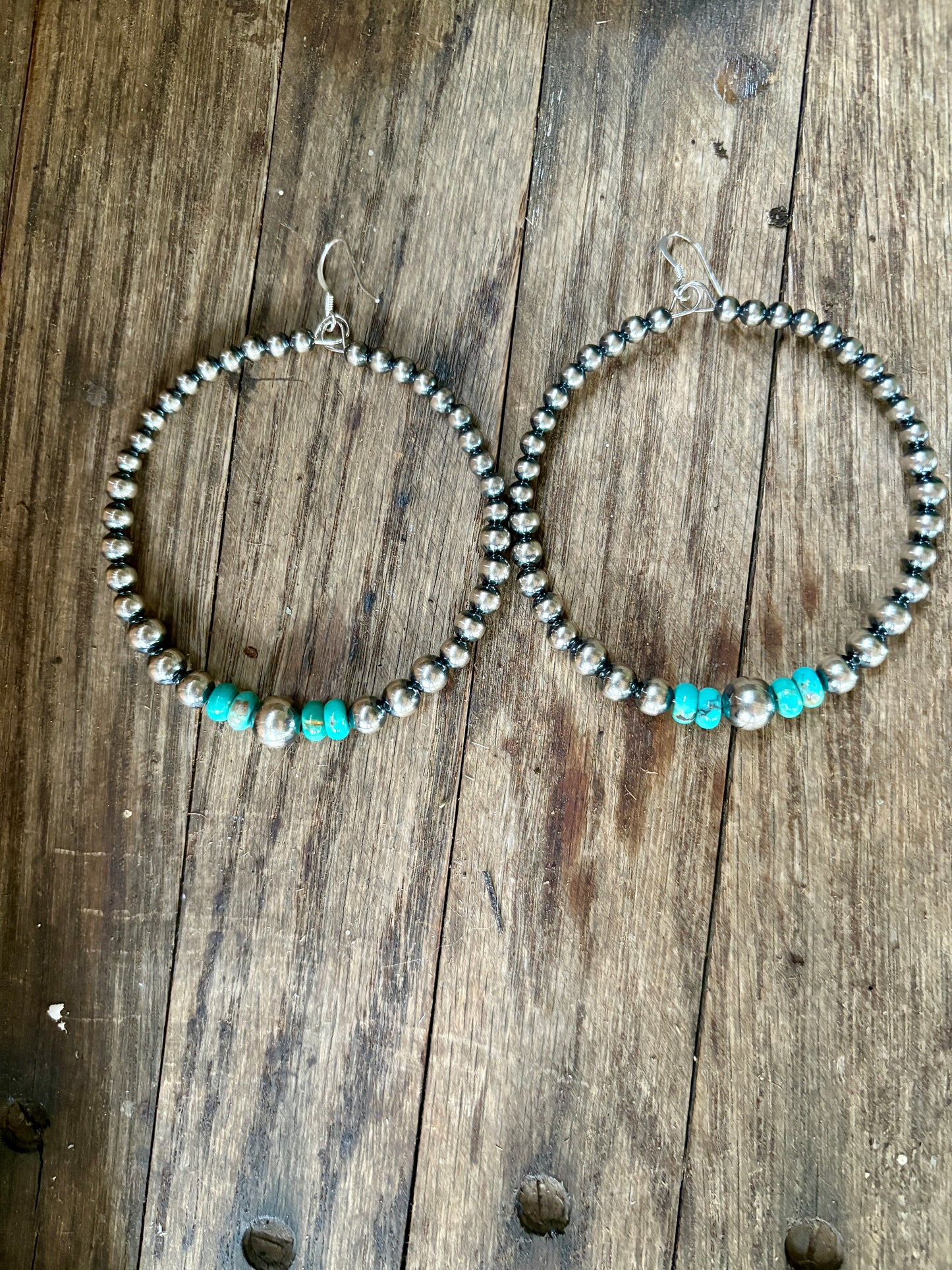 Big Sterling Silver Pearls Hoops with turquoise