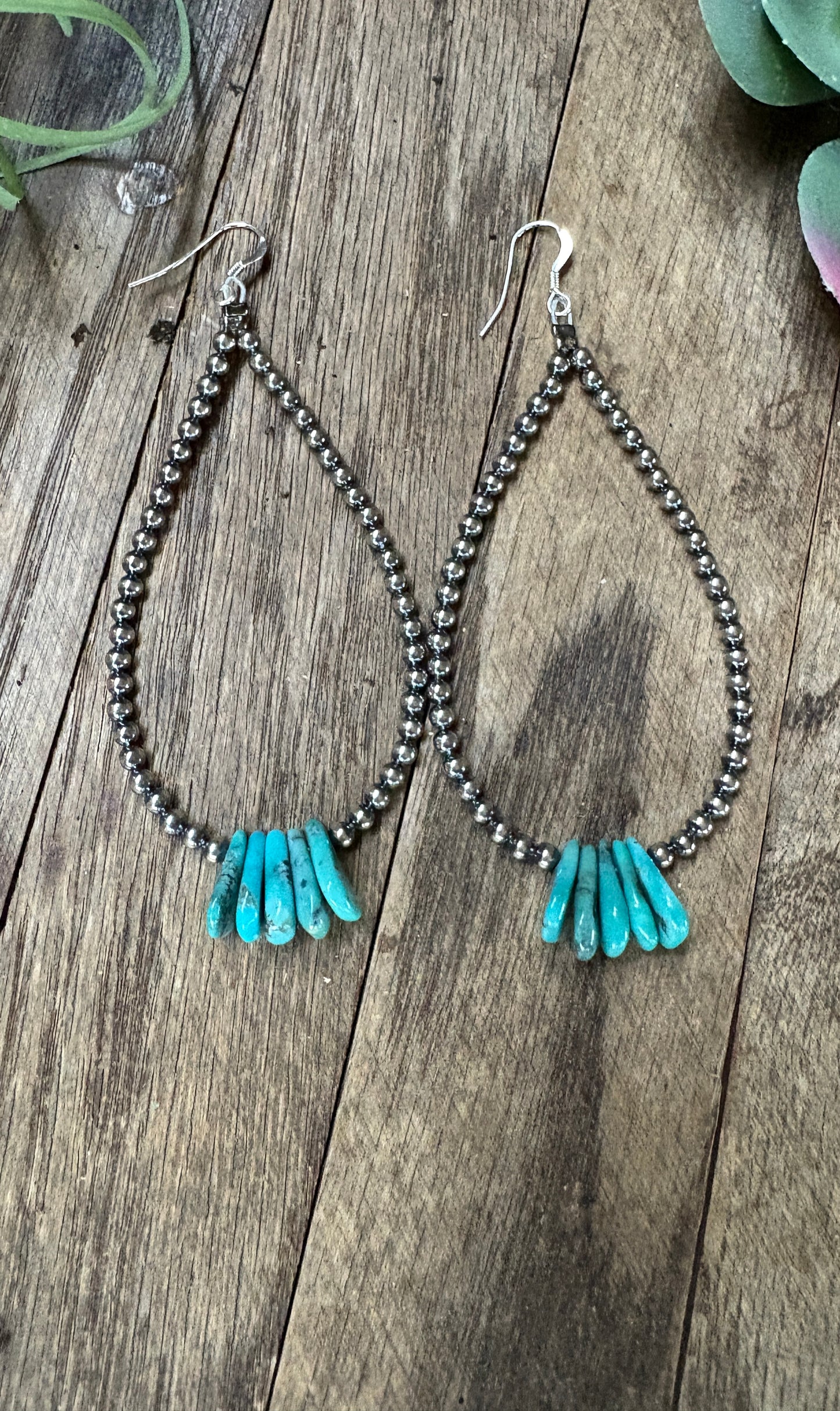 Long teardrop earrings Sterling silver pearls and teardrop turquoise