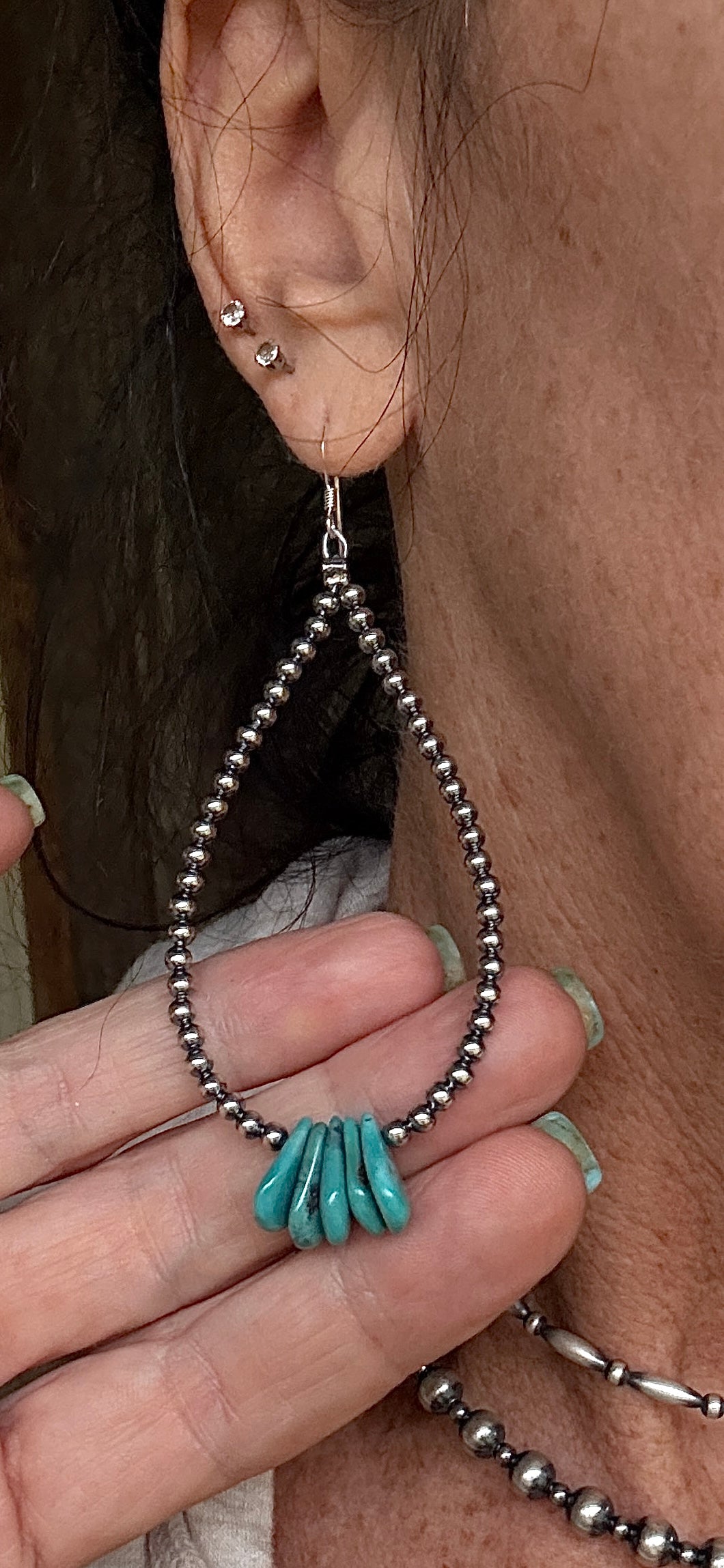 Long teardrop earrings Sterling silver pearls and teardrop turquoise
