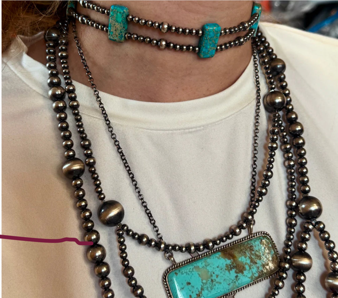Turquoise-Double Strand Necklace – 13” Beaded – Sterling Silver Pearls & Rectangle Variscite Turquoise (Copy)