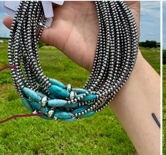 15-Inch Sterling Silver Pearl & Blue Turquoise Torpedo Choker