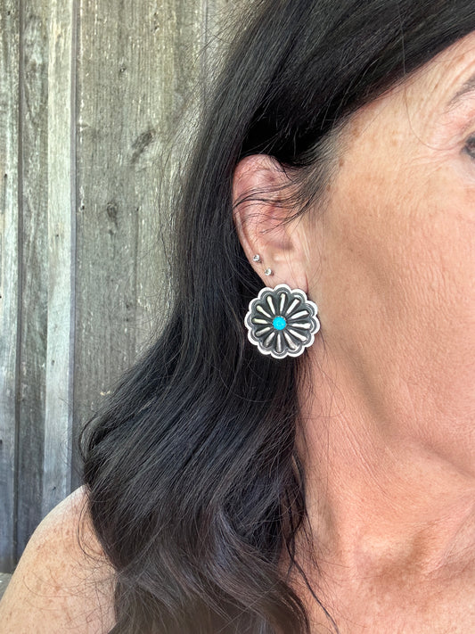 Large Concho stud earrings -Turquoise & Sterling Silver Earrings