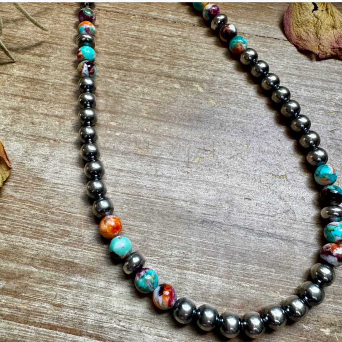 Mojave Turquoise Mix & Sterling Silver Necklace – 8 mm Beads – 19 Inch + Extender