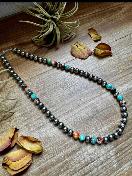 Mojave Turquoise Mix & Sterling Silver Necklace – 8 mm Beads – 19 Inch + Extender
