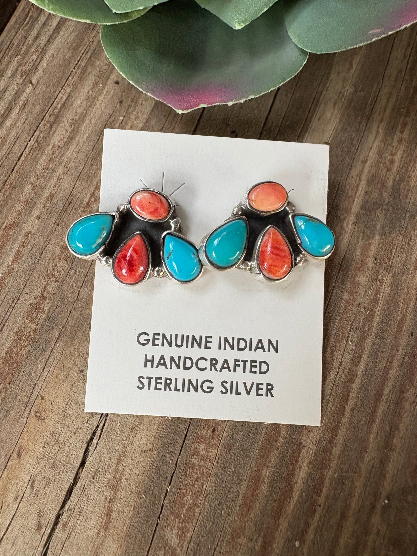 Stud Earrings – Orange Spiny & Turquoise (Stamped Marcella James)