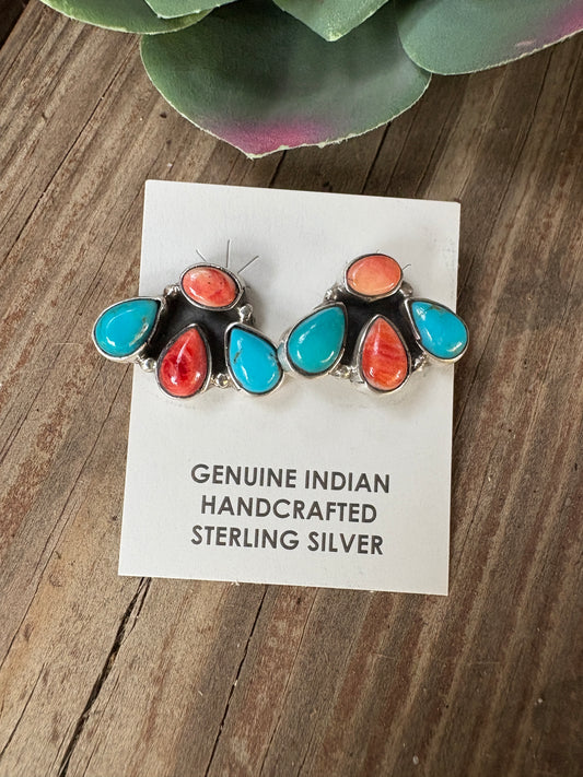 Stud Earrings – Orange Spiny & Turquoise (Stamped Marcella James)
