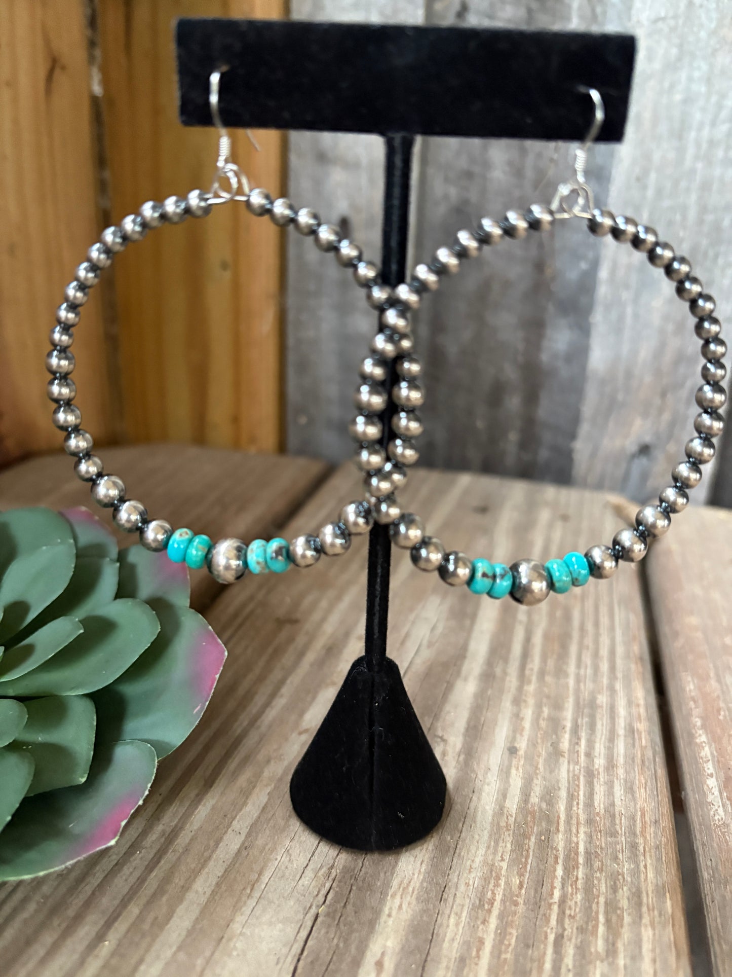 Big Sterling Silver Pearls Hoops with turquoise