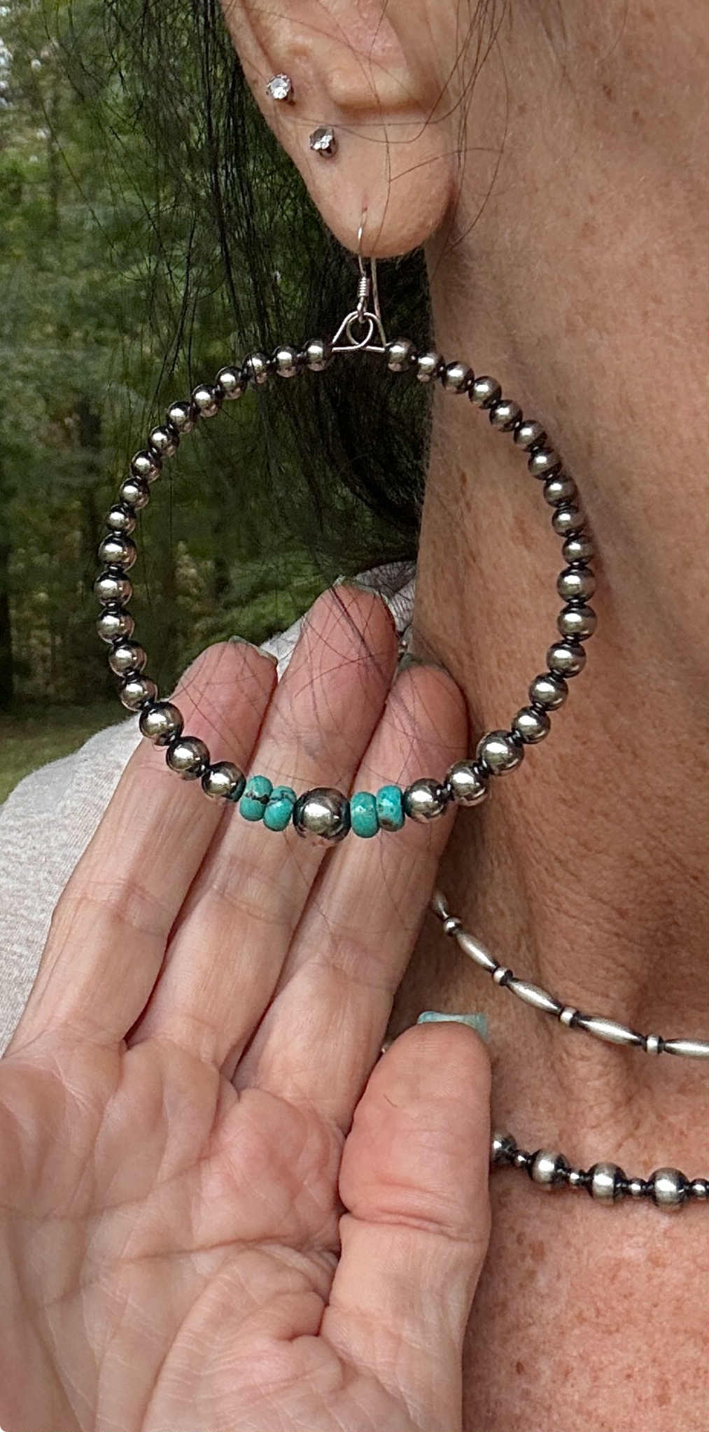 Big Sterling Silver Pearls Hoops with turquoise