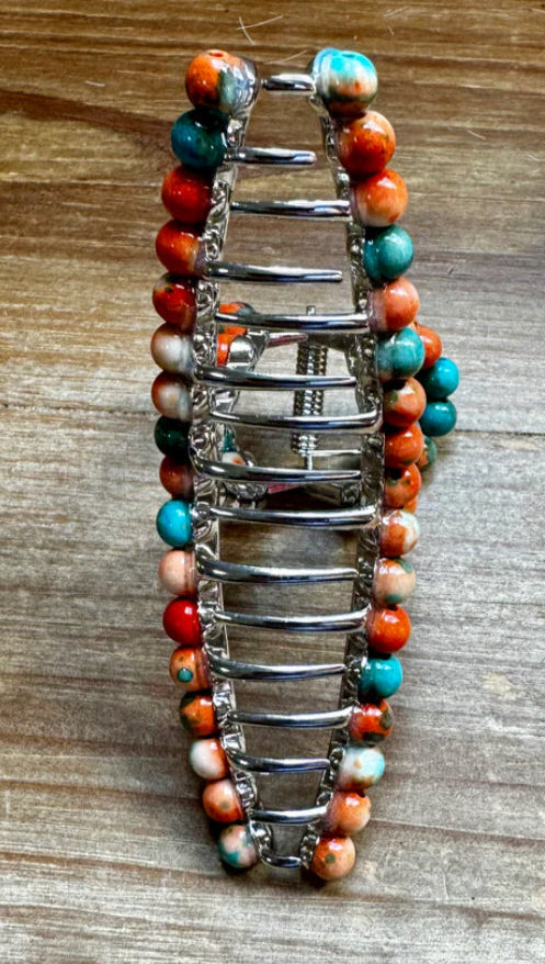 Orange and Turquoise magnesite beaded hair clip