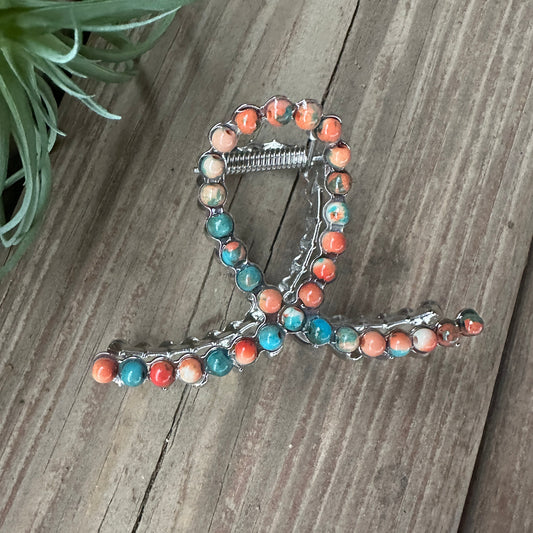 Smaller Orange and Turquoise magnesite beads Hair Clips