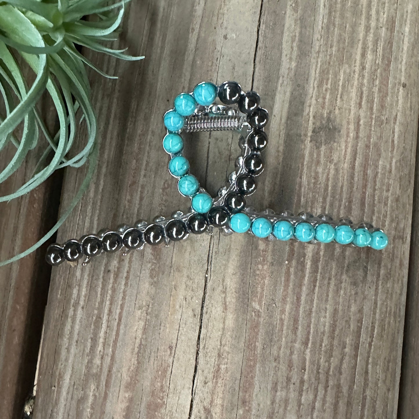 LG Two toned Turquoise & pearl (grey) magnesite beaded hair clip