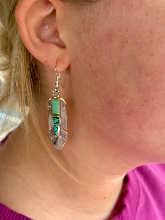 Sterling Silver Feather Turquoise Earrings