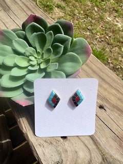 Turquoise and Red Coral Inlay Earrings