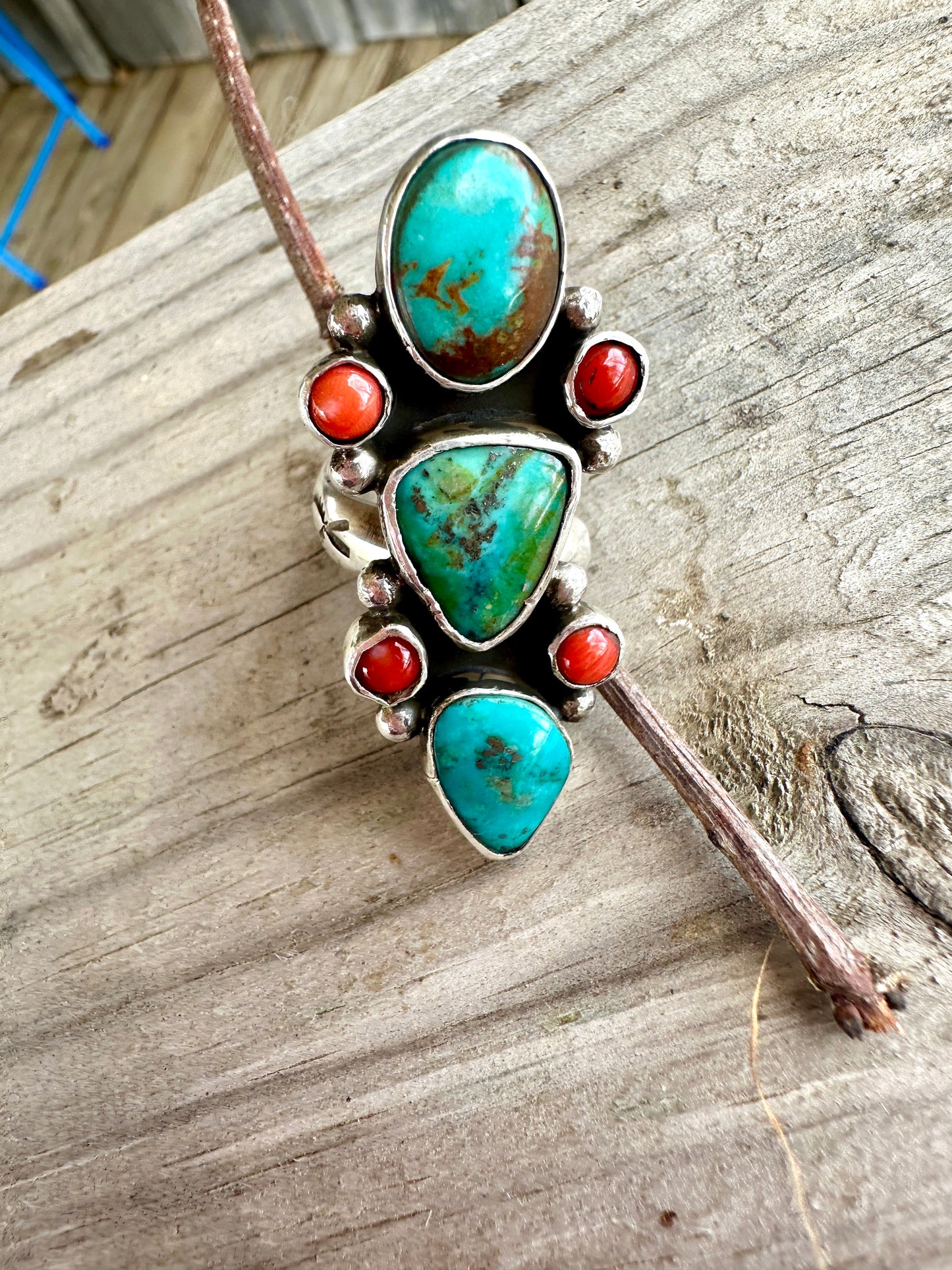 Royston and Red Coral 3 Stone Ring