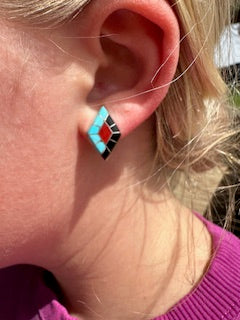 Turquoise and Red Coral Inlay Earrings