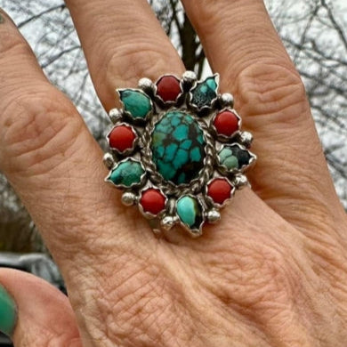 Turquoise and Red Coral Ring adjustable