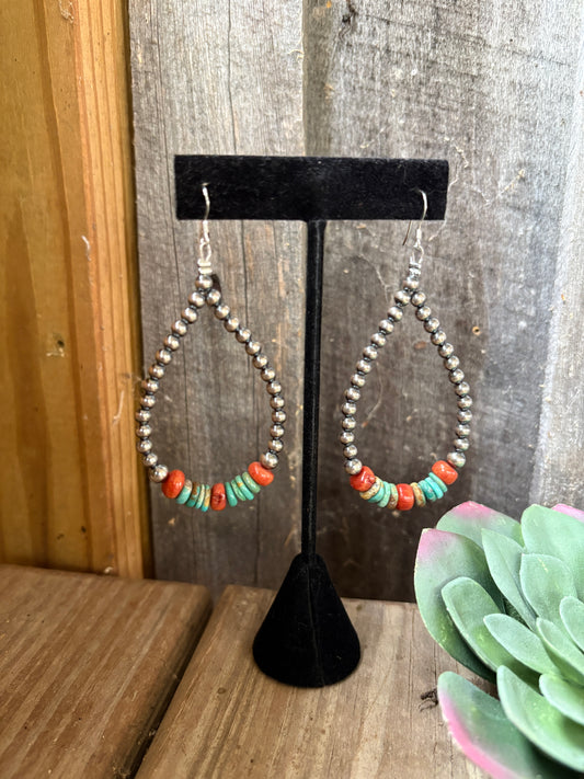 Sterling Silver Pearls earrings teardrop with turquoise and coral
