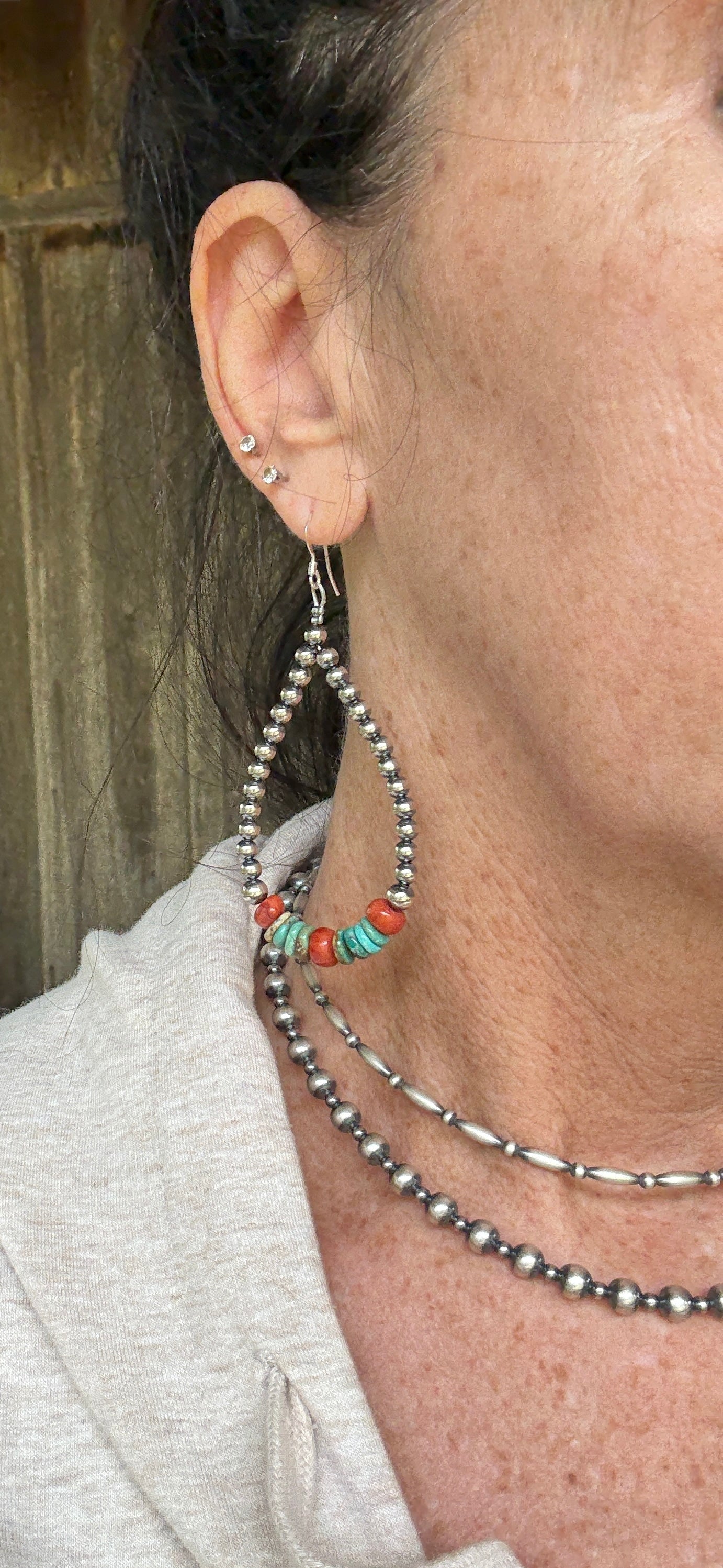 Sterling Silver Pearls earrings teardrop with turquoise and coral