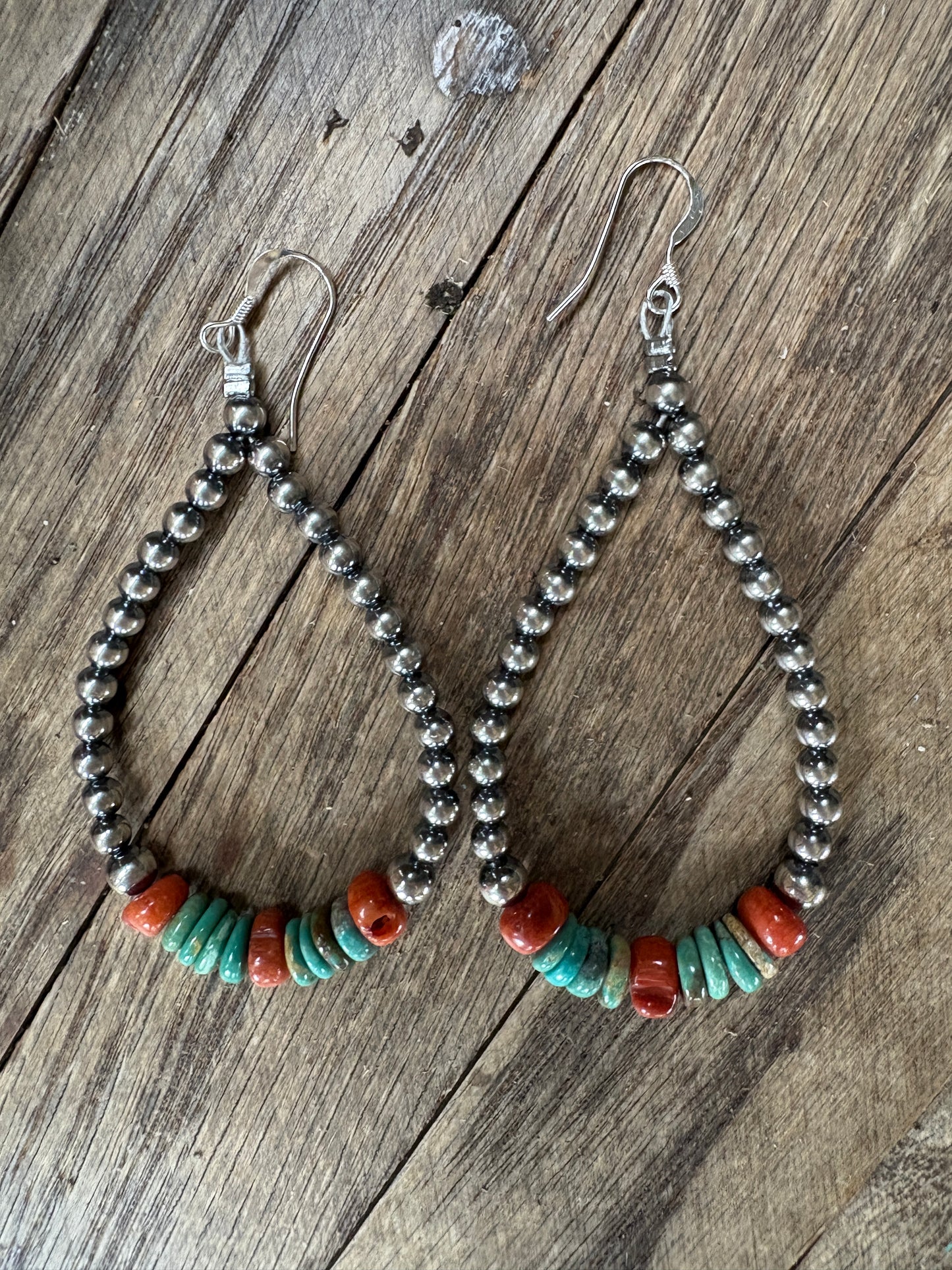 Sterling Silver Pearls earrings teardrop with turquoise and coral